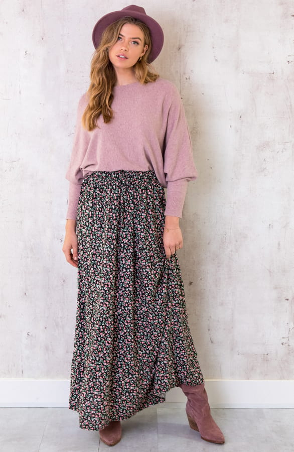 Katoenen Maxi Rok Bloemen Zwart Roze – shoparchief, foto 12