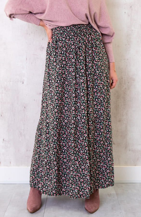 Katoenen Maxi Rok Bloemen Zwart Roze – shoparchief, foto 8