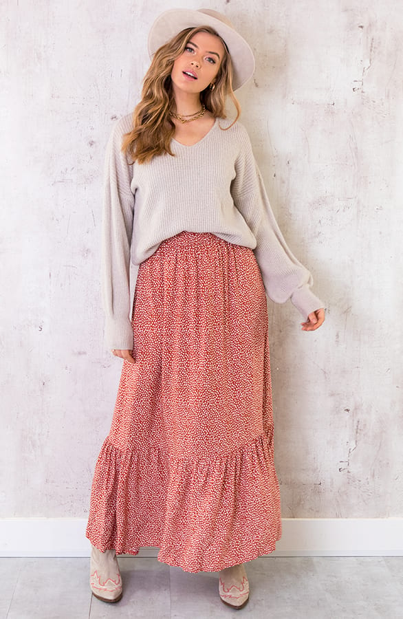 Katoenen Maxi Rok Leaves Terracotta – shoparchief, foto 3