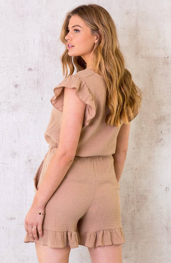 Katoenen Ruffle Shorts Camel – shoparchief, foto 4