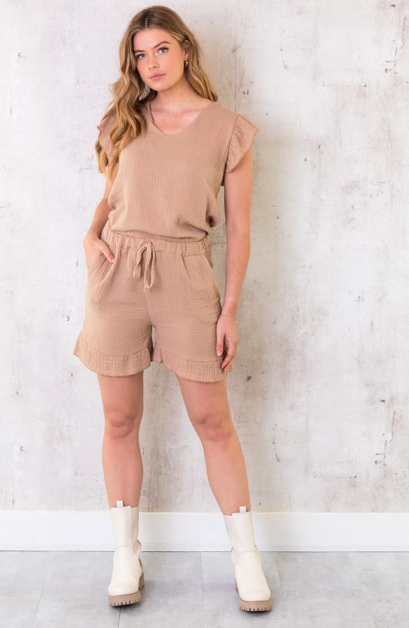 Katoenen Ruffle Shorts Camel – shoparchief, foto 5