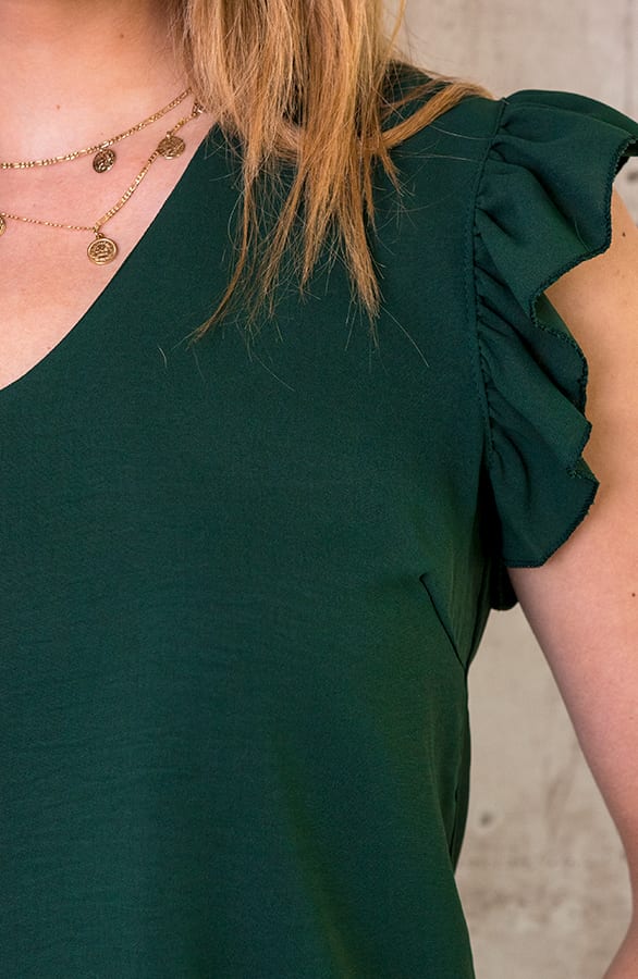 V-hals Ruffle Blouse Smaragd – shoparchief, foto 4