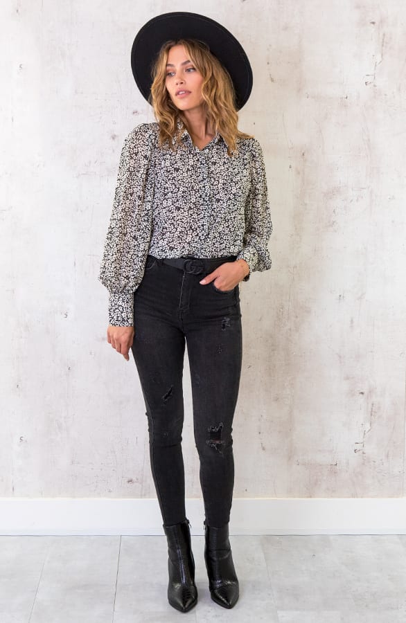 Bloemenprint Blouse Zwart – shoparchief, foto 5