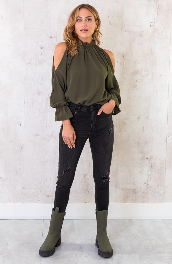 Cold Shoulder Blouse Army – shoparchief, foto 4