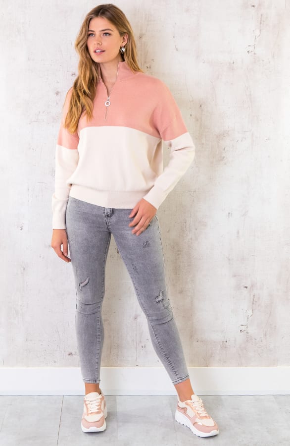 Color Blocking Zip Trui Zalm Roze – shoparchief, foto 5