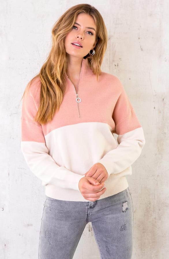 Color Blocking Zip Trui Zalm Roze – shoparchief, foto 1