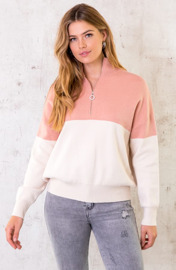 Color Blocking Zip Trui Zalm Roze – shoparchief, foto 2