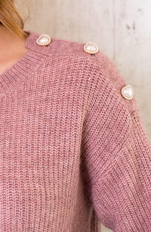 Gebreide Hartjes Knopen Trui Oud Roze – shoparchief, foto 5