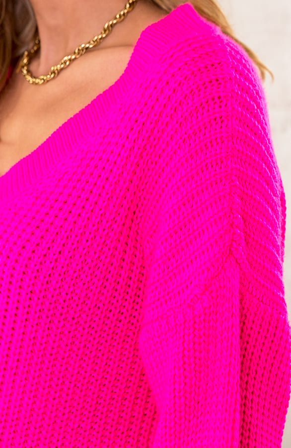 Gestrickter Pullover mit V-Ausschnitt Neon Fuchsia, Shoparchiv, Foto 5