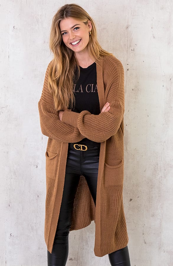 Lang Gehaakt Pocket Vest Camel – shoparchief, foto 3