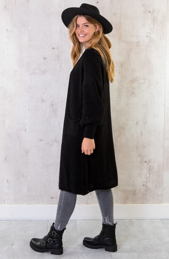 Lang Gehaakt Pocket Vest Zwart – shoparchief, foto 3