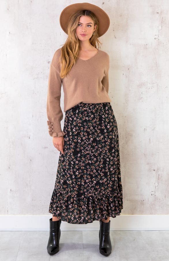Midi Bloemenprint Rok Zwart – shoparchief, foto 9
