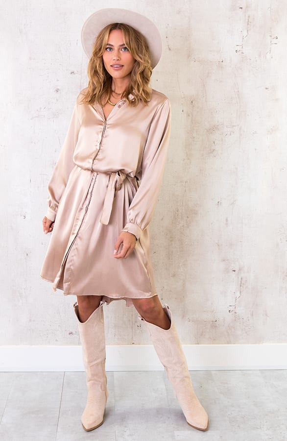 Midi Satijnen Knopen Jurk Beige – shoparchief, foto 5