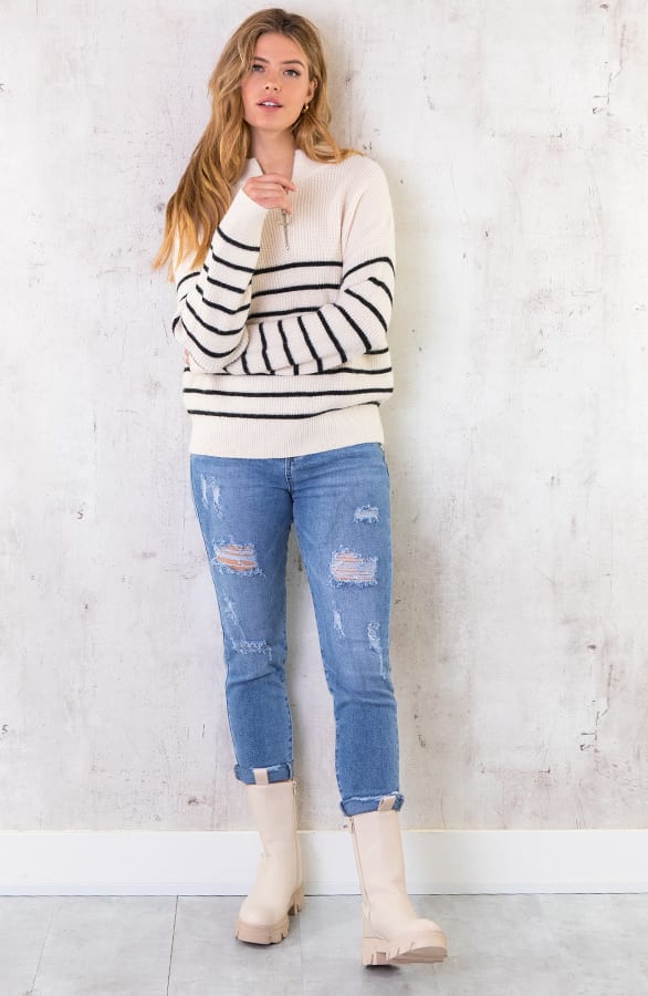 Oversized Zip Trui Gestreept Creme – shoparchief, foto 4