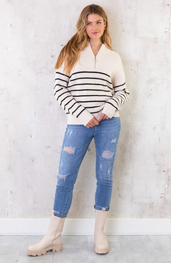 Oversized Zip Trui Gestreept Creme – shoparchief, foto 5