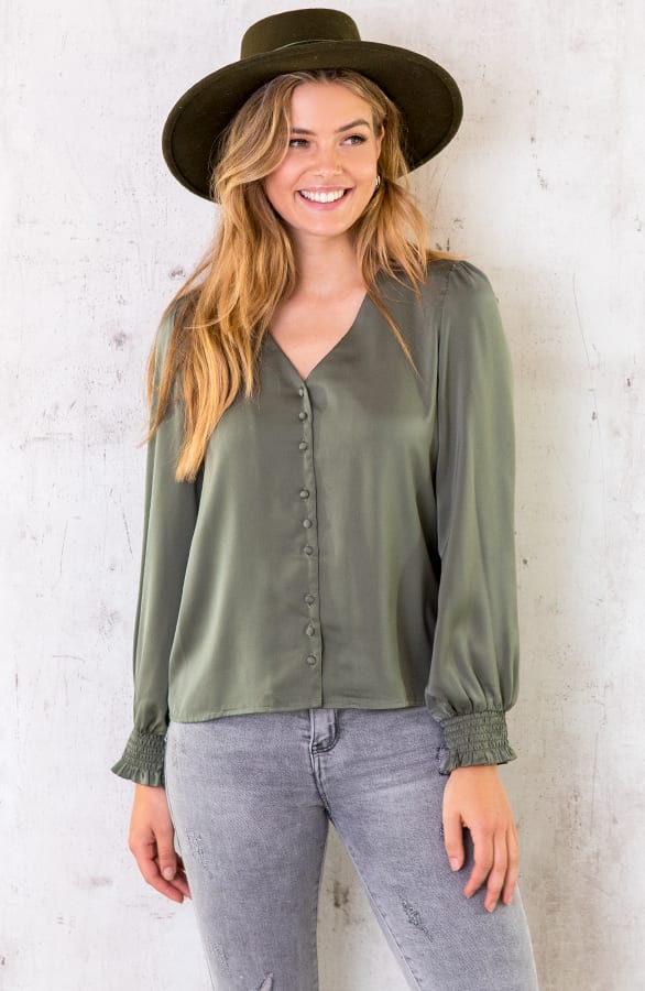 Silk Knopen Blouse Army – shoparchief, foto 1
