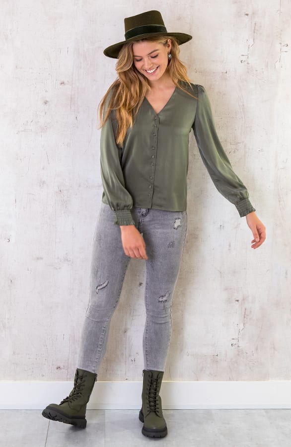 Silk Knopen Blouse Army – shoparchief, foto 5