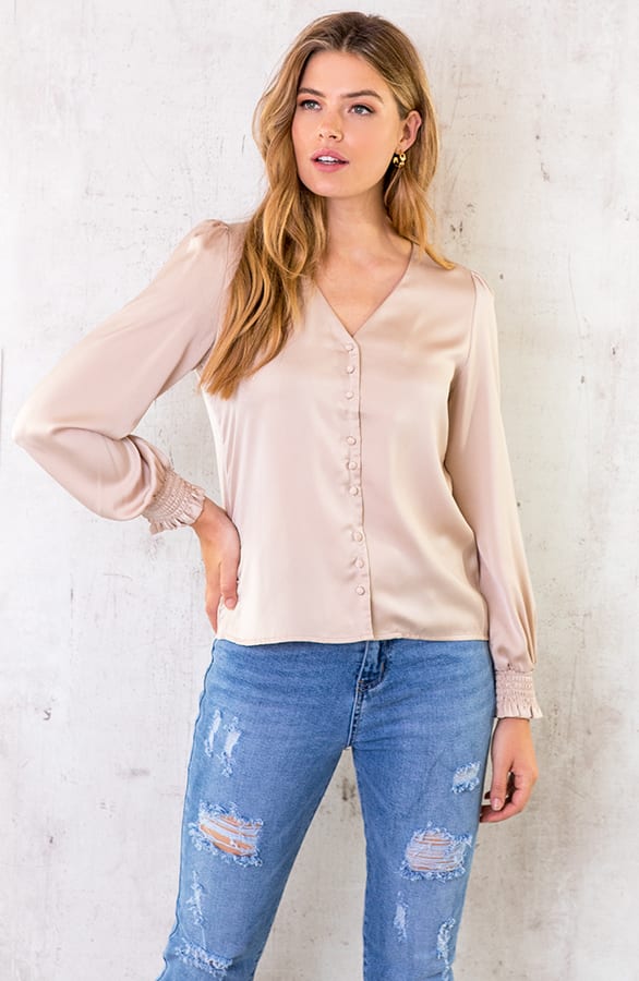 Silk Knopen Blouse Champagne – shoparchief, foto 1
