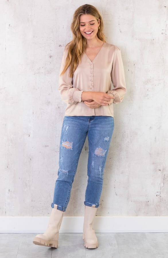 Silk Knopen Blouse Champagne – shoparchief, foto 2