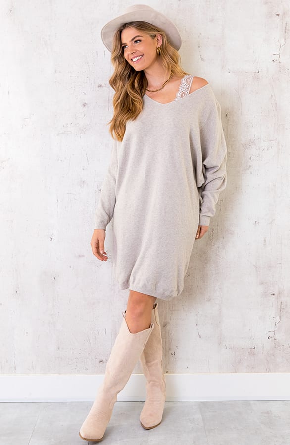 Comfy V-hals Trui Lang Beige – shoparchief, foto 3