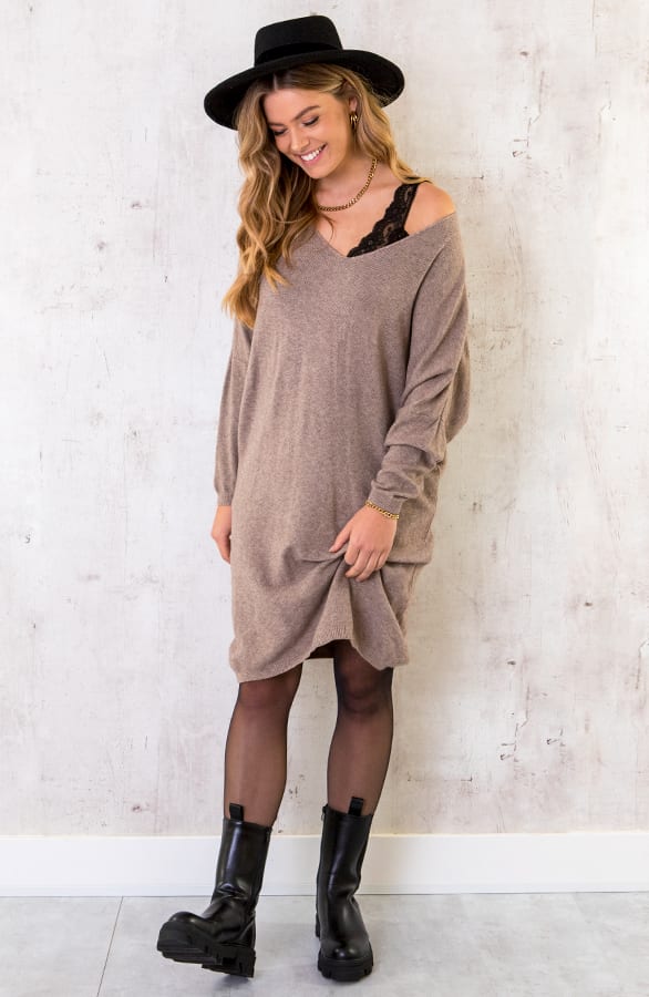 Comfy V-hals Trui Lang Taupe – shoparchief, foto 3