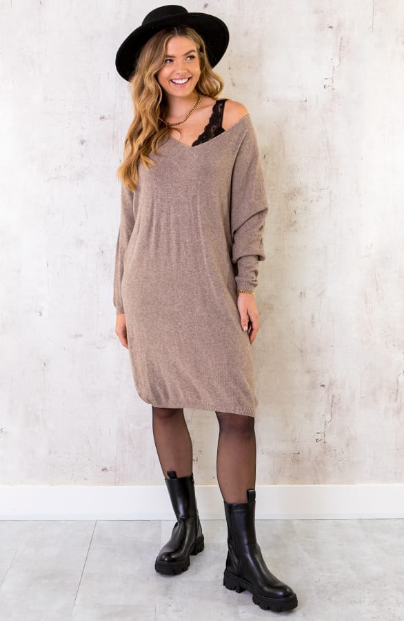 Comfy V-hals Trui Lang Taupe – shoparchief, foto 1