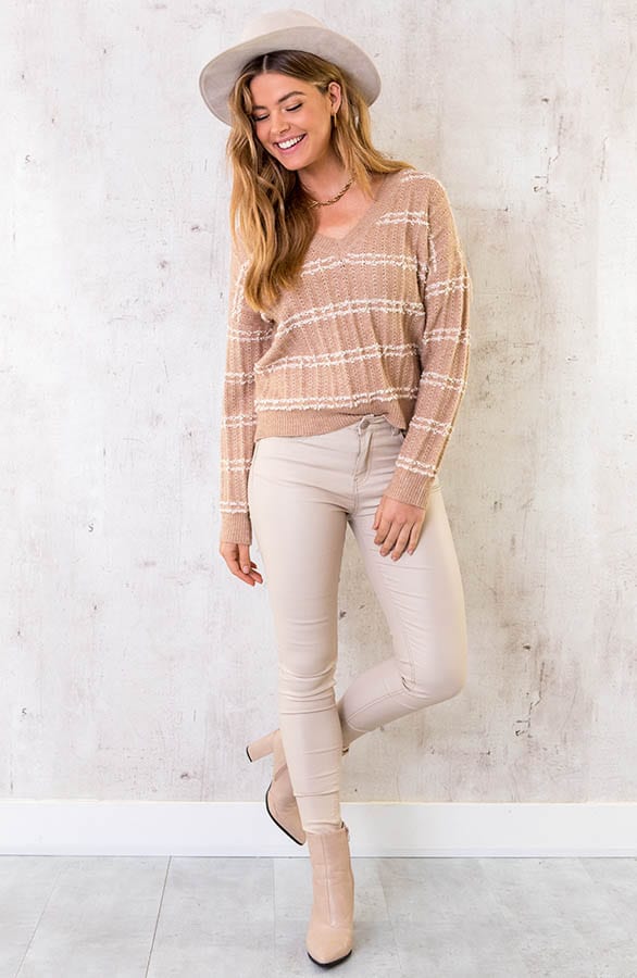 Gewafelde V-hals Trui Camel – shoparchief, foto 4