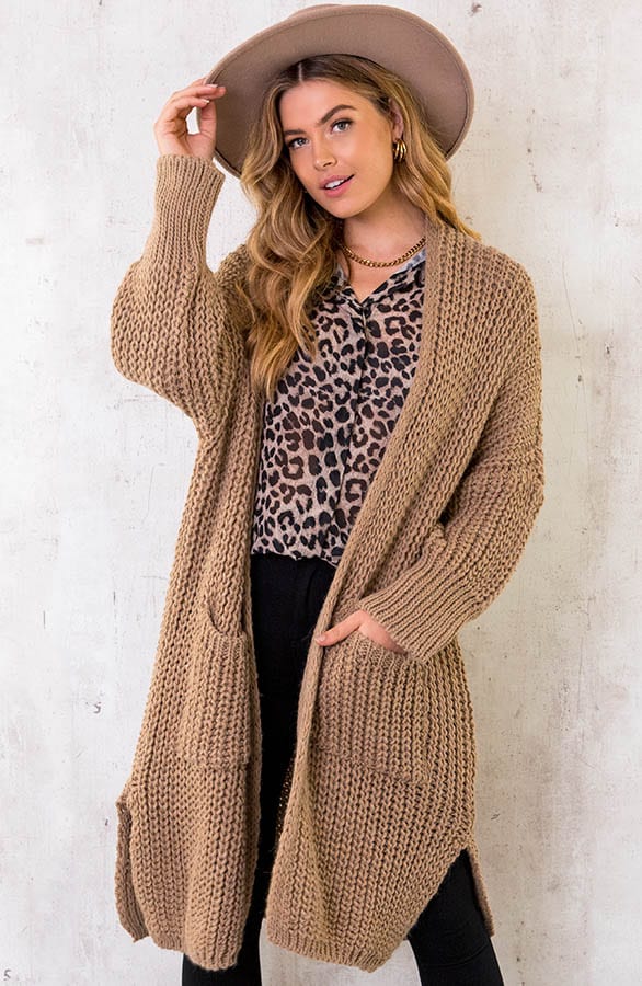 Grof Gebreid Midi Vest Camel – shoparchief, foto 1
