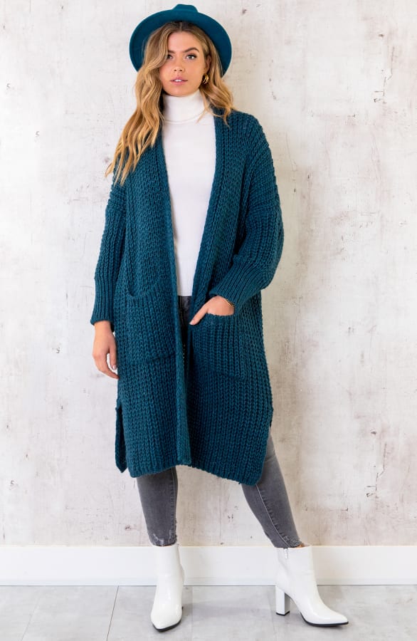 Grof Gebreid Midi Vest Petrol – shoparchief, foto 2