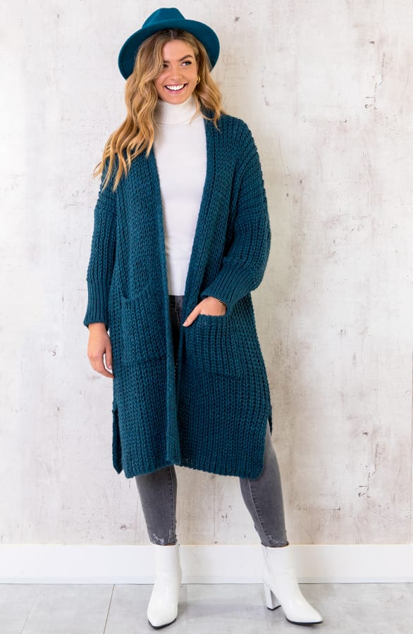 Grof Gebreid Midi Vest Petrol – shoparchief, foto 1