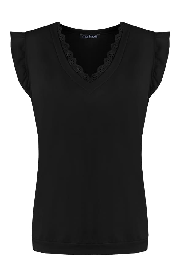 Kanten V-hals Ruffle Top Zwart – shoparchief, foto 1