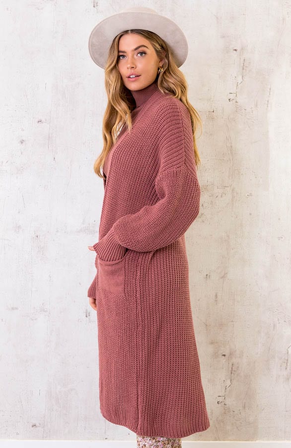 Lang Gehaakt Pocket Vest Dust Pink – shoparchief, foto 3