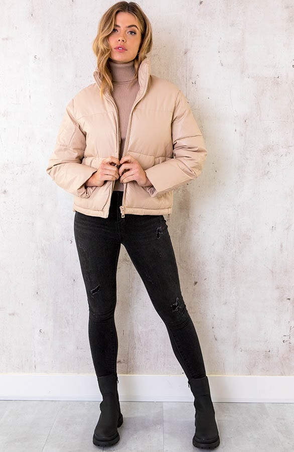 Leather Puffer Jacket Beige – shoparchief, foto 2