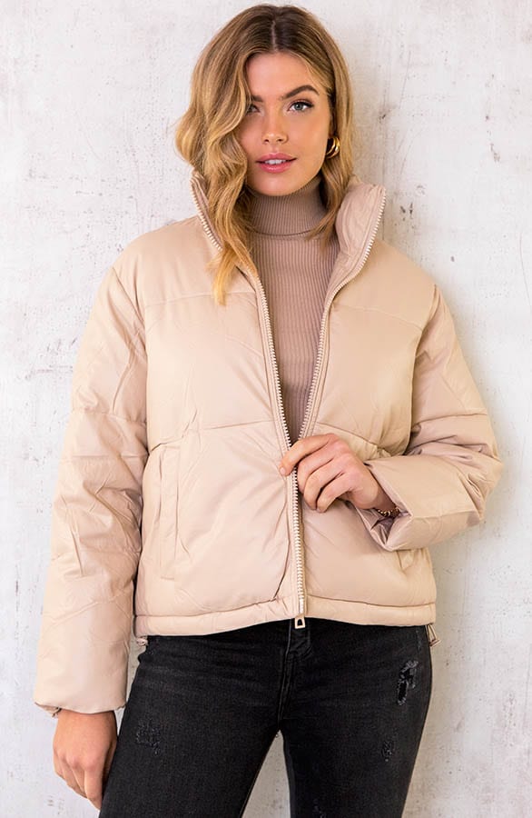 Leather Puffer Jacket Beige – shoparchief, foto 1