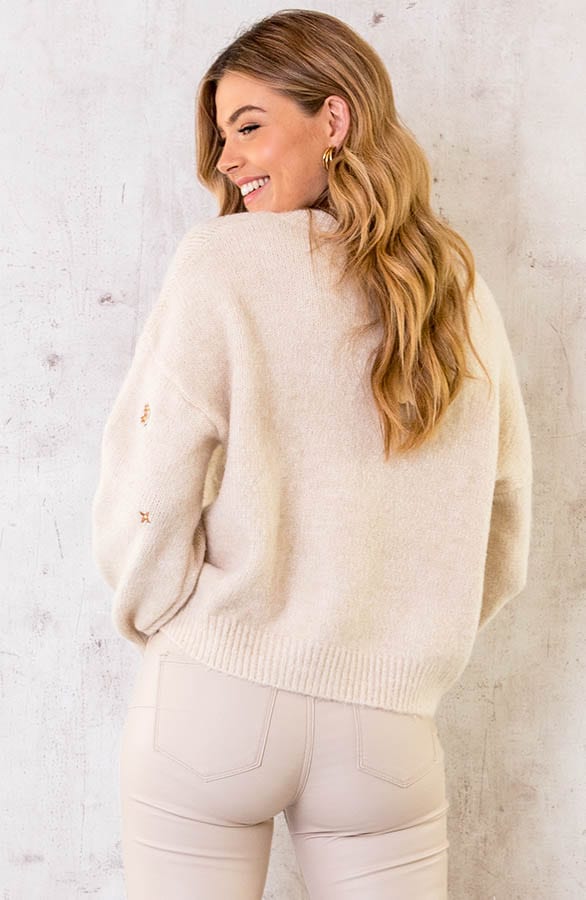 V-hals Trui Met Bloemetjes Beige – shoparchief, foto 5