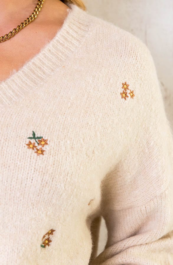 V-hals Trui Met Bloemetjes Beige – shoparchief, foto 4