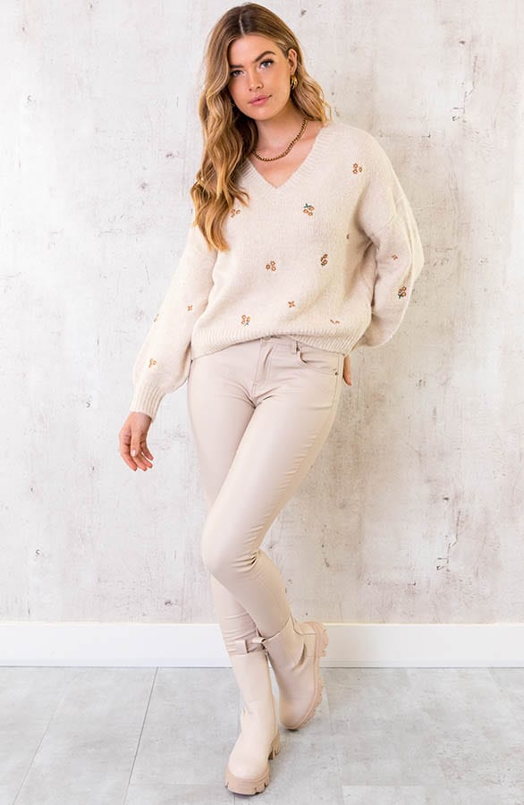 V-hals Trui Met Bloemetjes Beige – shoparchief, foto 2