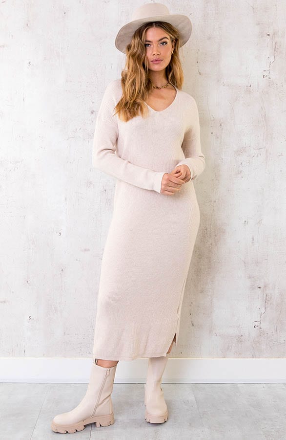 Gebreide Jurk Met V-hals Beige – shoparchief, foto 1