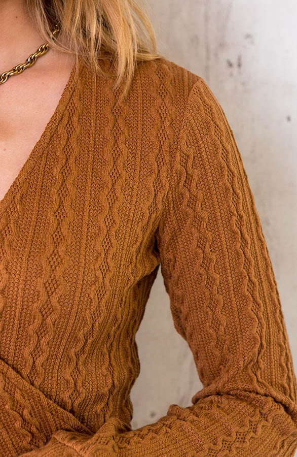 Gebreide Patroon Overslag Jurk Cognac – shoparchief, foto 5