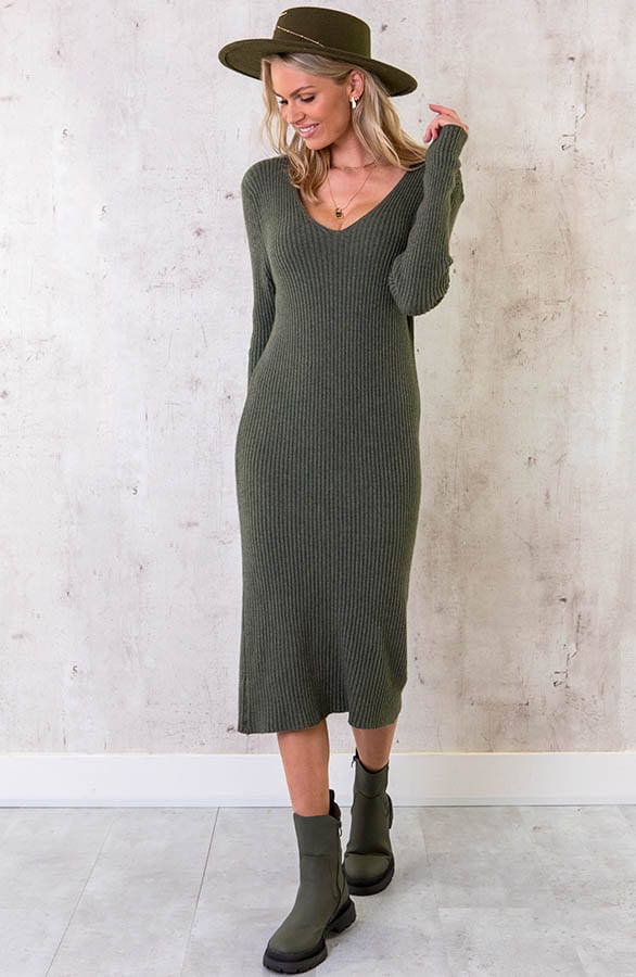 Gebreide V-hals Midi Jurk Army – shoparchief, foto 2