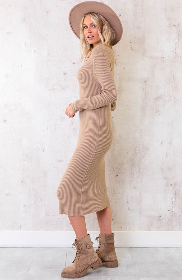 Gebreide V-hals Midi Jurk Taupe – shoparchief, foto 3