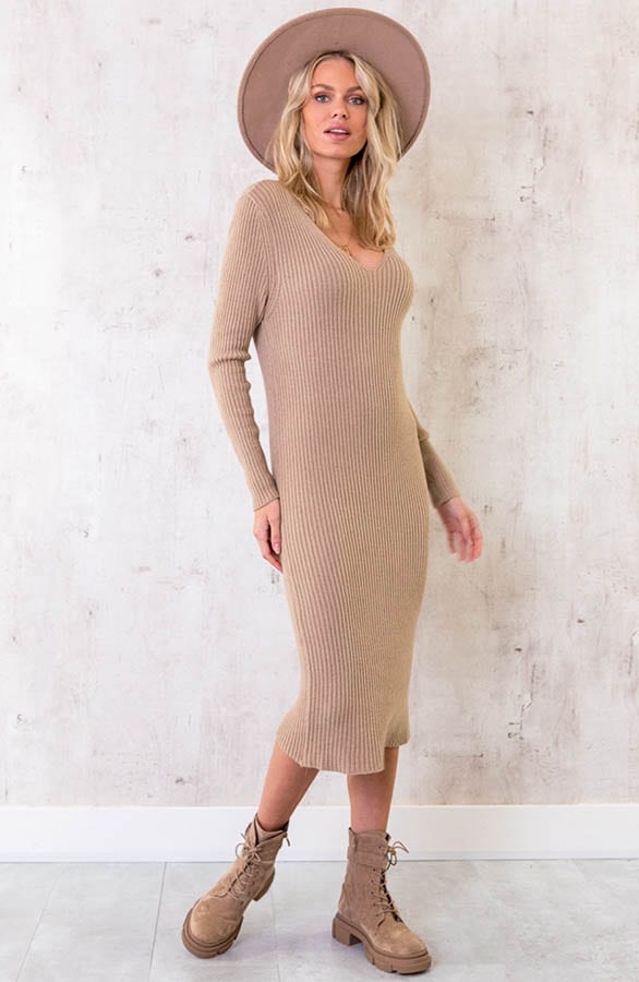 Gebreide V-hals Midi Jurk Taupe – shoparchief, foto 2