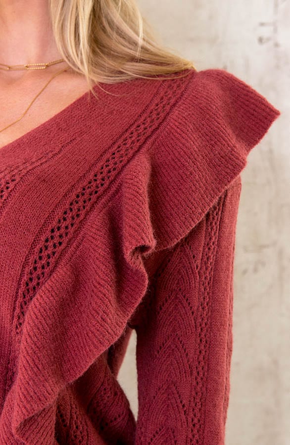 Gehaakte Ruffle Knopen Vest Brique – shoparchief, foto 5