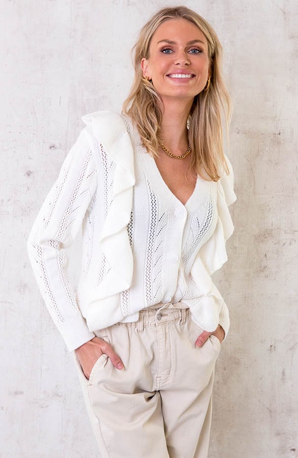 Gehaakte Ruffle Knopen Vest Ecru – shoparchief, foto 2