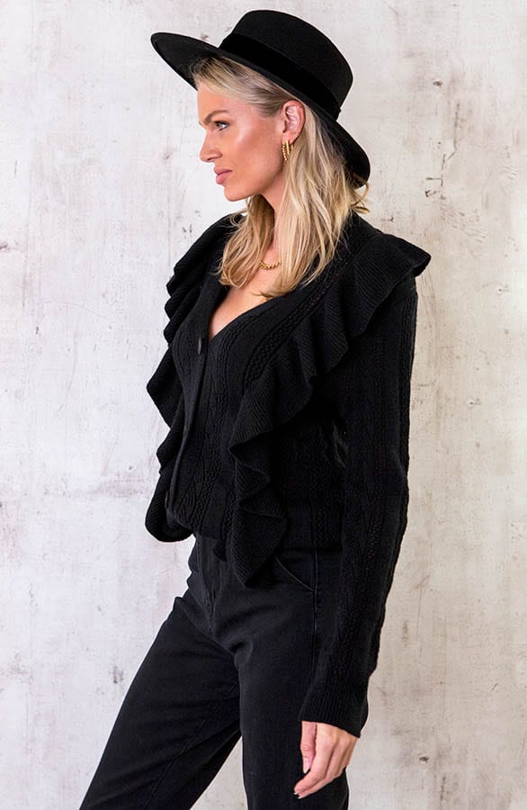 Gehaakte Ruffle Knopen Vest Zwart – shoparchief, foto 3
