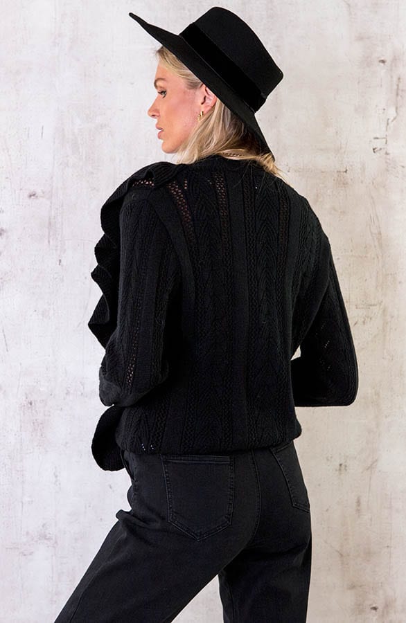 Gehaakte Ruffle Knopen Vest Zwart – shoparchief, foto 4