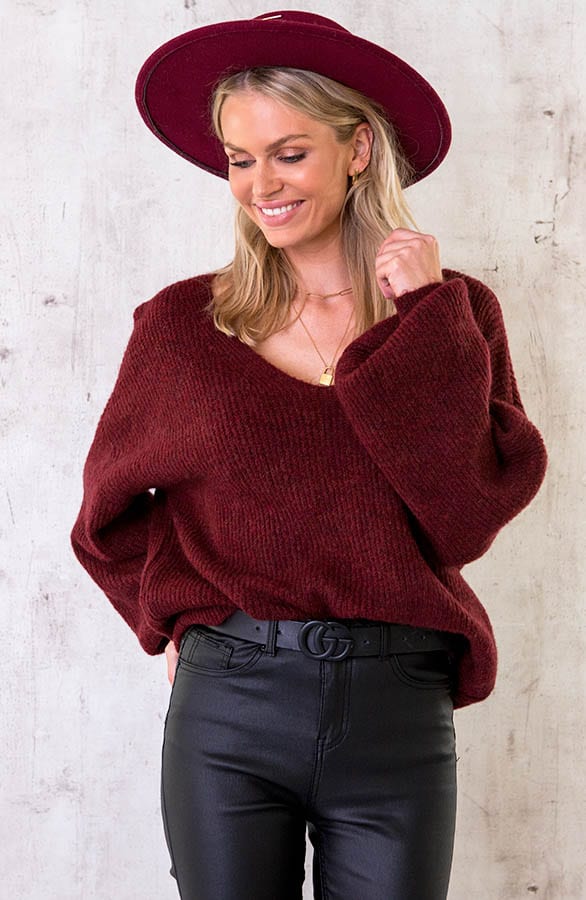Knitted V-Sweater Bordeaux – shoparchief, foto 1