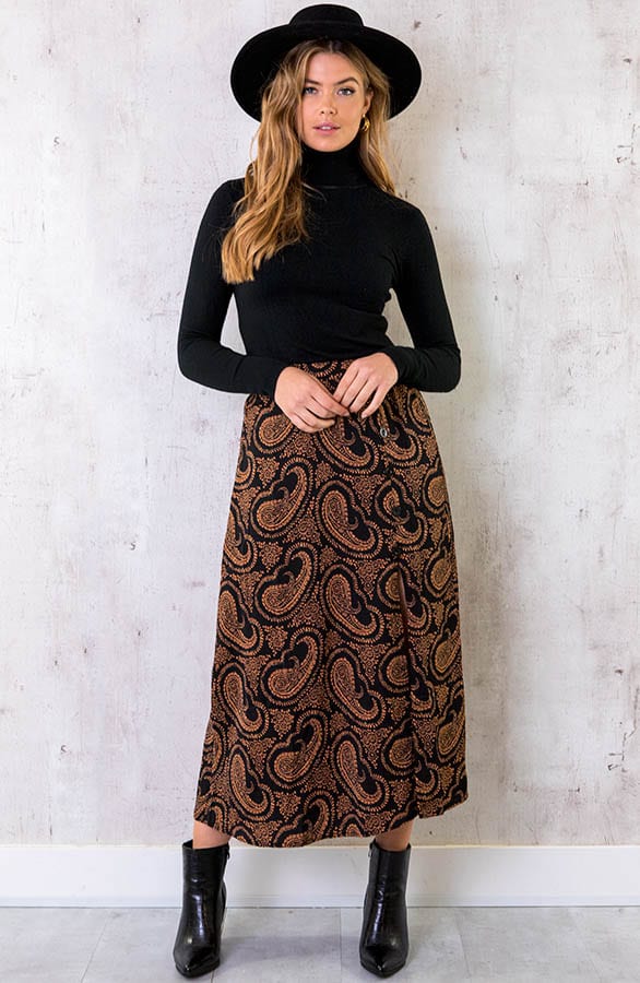 Midi Split Paisley Rok Zwart Cognac – shoparchief, foto 2