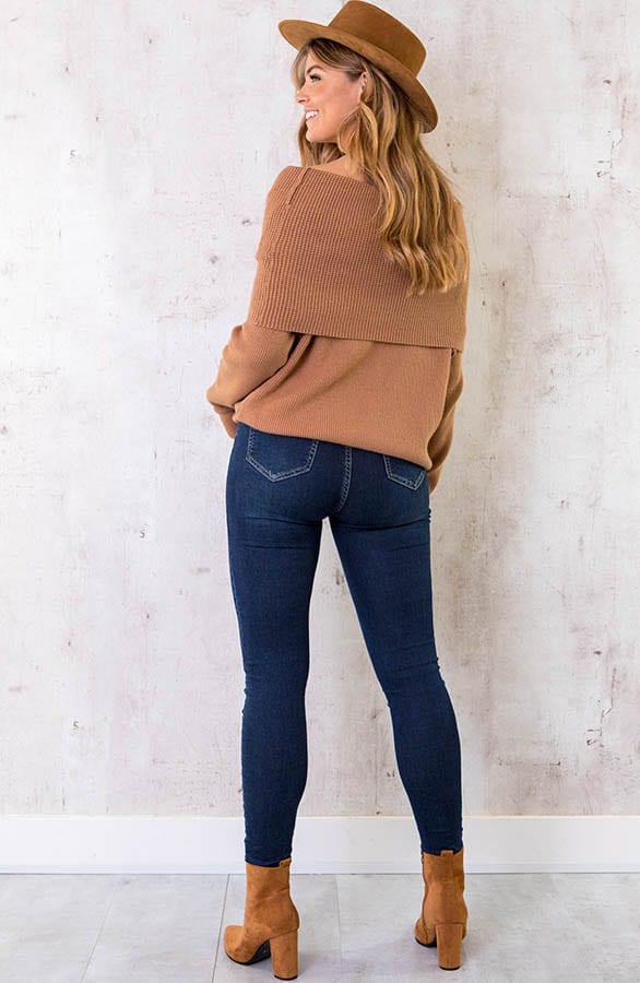Offshoulder Trui Gebreid Camel – shoparchief, foto 4