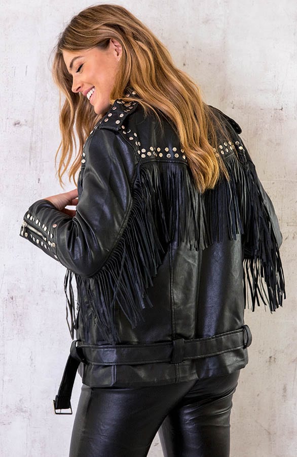 Oversized Leather Fringe Jacket Schwarz, Shoparchiv, Foto 3